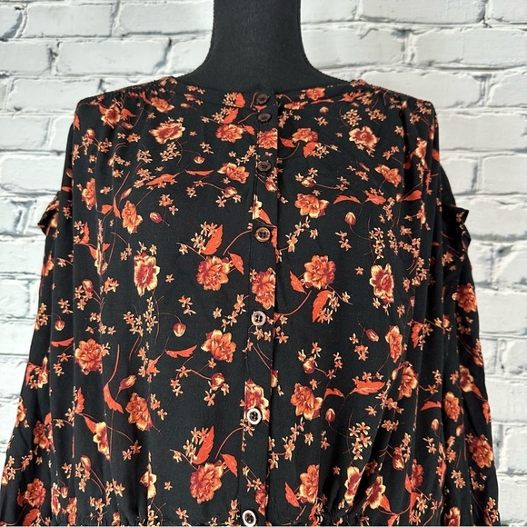 Free People Women’s Flower Fields Black Mini Dress Medium Fall Floral Oversized - Picture 11 of 16